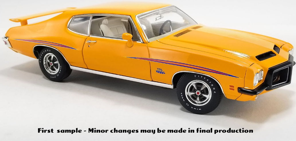1/18 scale model of a 1971 Pontiac GTO Judge in orange.
