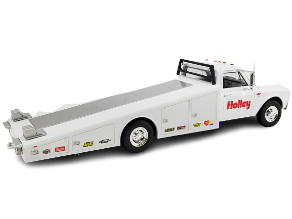 1/18 scale model of a Chevrolet ramp truck in white with "Holley" and other race decals.