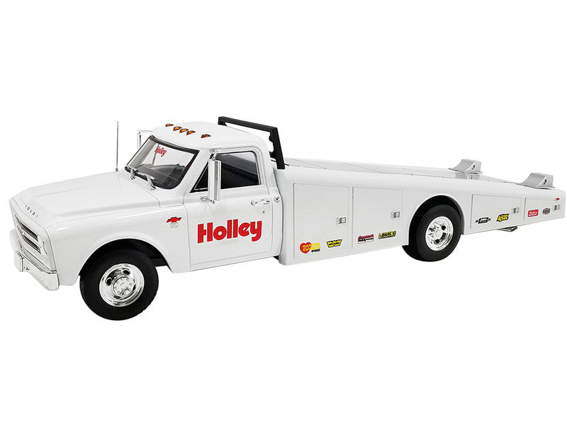 1/18 scale model of a Chevrolet ramp truck in white with "Holley" and other race decals.