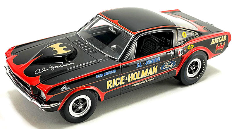 1/18 scale model of a 1965 Ford Mustang A/FX Batcar in black and red with "Rice & Holman" on the side and an autographed hood.