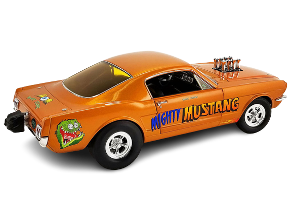 1/18 scale diecast 1965 Ford Mustang in orange with "Mighty Mustang" lettering on the side and "Rat Fink" graphic.