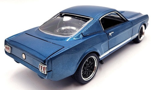 Rear and side view of blue car with white stripe.