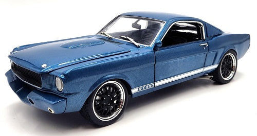 Front and Side view of blue car with white stripe.