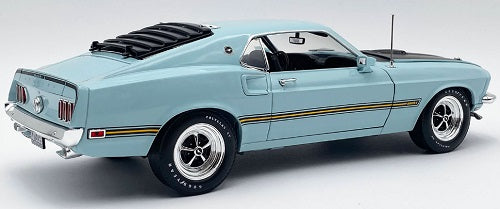 1/18 scale model car of 1969 Ford Mustang Mach 1 428 Cobra Jet.