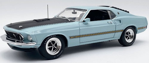 1/18 scale model car of 1969 Ford Mustang Mach 1 428 Cobra Jet.