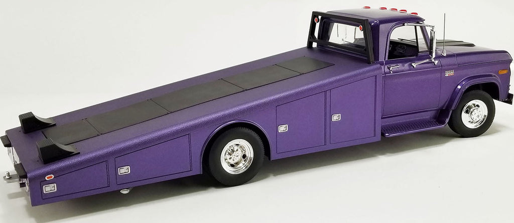 1/18 scale model of a 1970 Dodge D-300 Ramp Truck in Plum Crazy color.