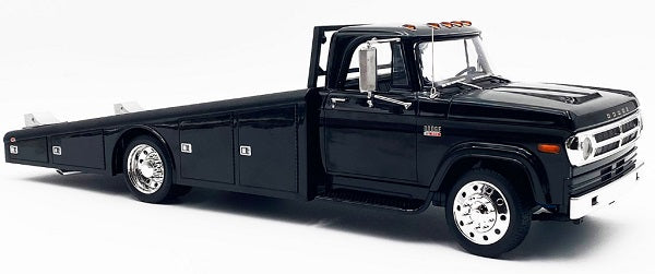 A 1/18 scale diecast model of a 1970 Dodge D-300 Ramp Truck in black color.