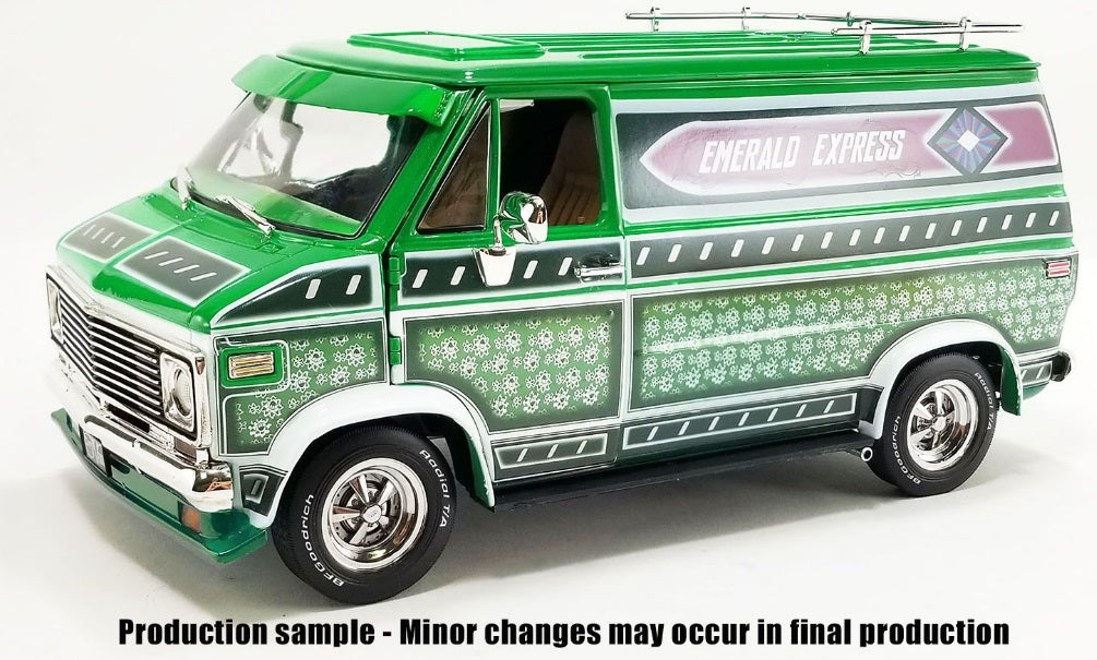 Front and side view of green fan with various patterns on the side.