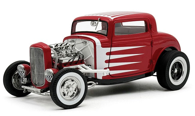 Model of red and White 3 window coupe.