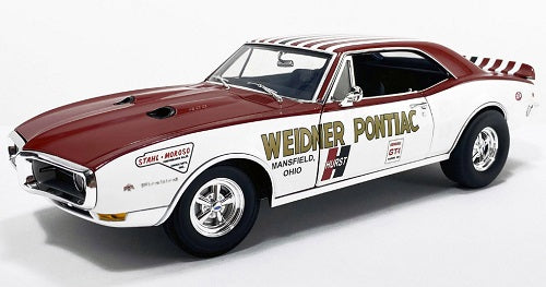 A 1/18 scale model of a 1968 Pontiac Firebird First Ram Air II with white and red color scheme.