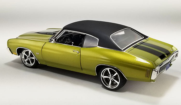 1/18 scale model of a 1970 Chevrolet Chevelle SS Restomod in Citrus Green with Black Stripes and a Black Vinyl Top.