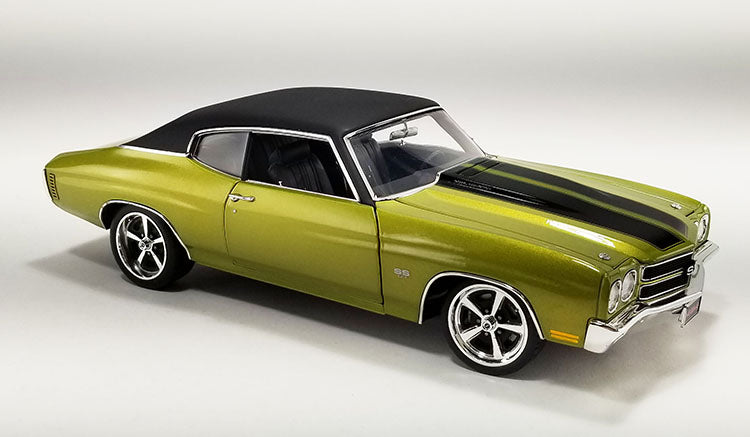 1/18 scale model of a 1970 Chevrolet Chevelle SS Restomod in Citrus Green with Black Stripes and a Black Vinyl Top.
