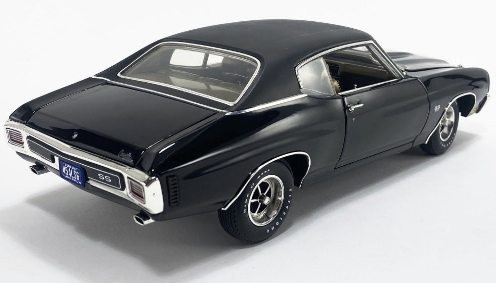 A 1/18 scale model of a 1970 Chevrolet Chevelle SS 454 in Tuxedo Black.
