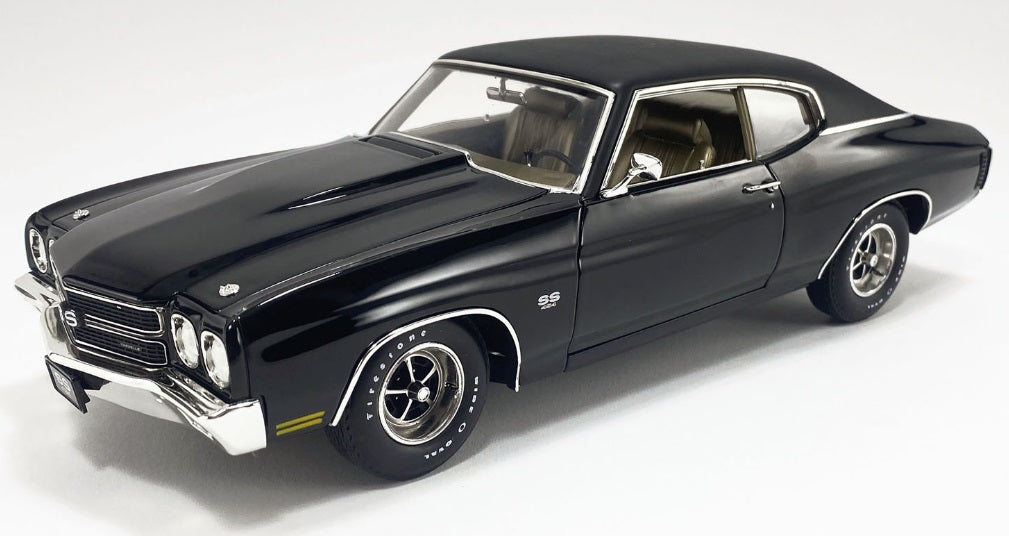 A 1/18 scale model of a 1970 Chevrolet Chevelle SS 454 in Tuxedo Black.