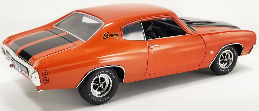 A 1/18 scale diecast model car of 1970 Chevelle SS in orange with 2 black stripes on the trunk.
