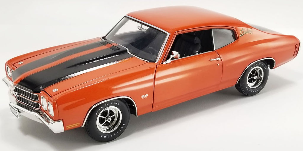 A 1/18 scale diecast model car of 1970 Chevelle SS in orange with 2 black hood stripes.