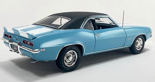 A 1/18 scale diecast model of a 1969 Chevrolet Camaro Z/28 with Vinyl Top in Carolina Blue color.