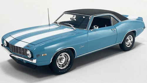 A 1/18 scale diecast model of a 1969 Chevrolet Camaro Z/28 with Vinyl Top in Carolina Blue color.