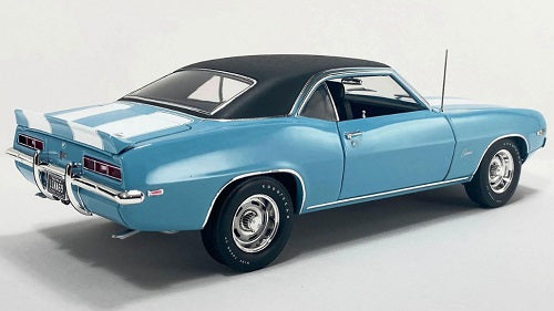 A 1/18 scale diecast model of a 1969 Chevy Camaro Z/28 painted Carolina Blue with a Vinyl Top.