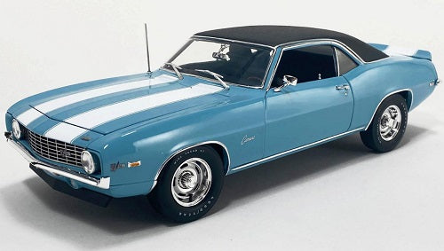 A 1/18 scale diecast model of a 1969 Chevy Camaro Z/28 painted Carolina Blue with a Vinyl Top.