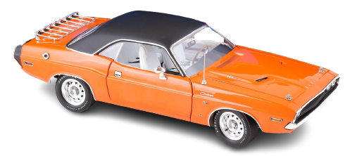 A 1/18 scale model of a 1970 Dodge Challenger T/A in orange with a black vinyl top.
