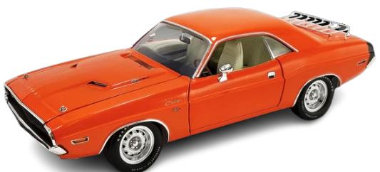 A 1/18 scale model of a 1970 Dodge Challenger T/A in orange color.