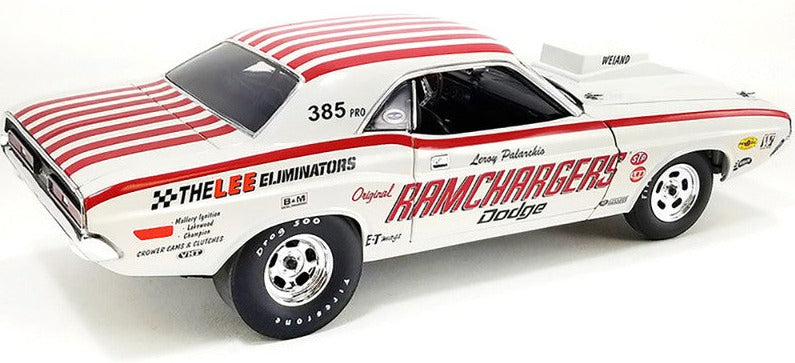 1/18 scale model car of 1970 Dodge Challengers with "Ramchargers" and other racing decals.