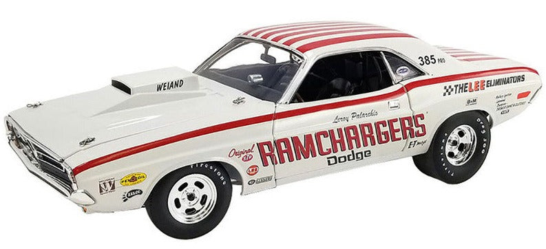 1/18 scale model car of 1970 Dodge Challengers with "Ramchargers" and other racing decals.