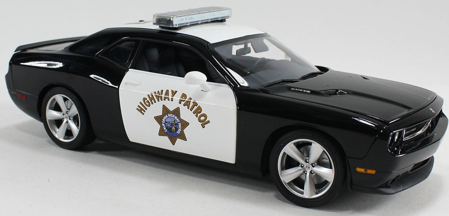 1/18 scale model of a 2009 Dodge Challenger SRT8 police car in black and white with a magnetic lightbar.