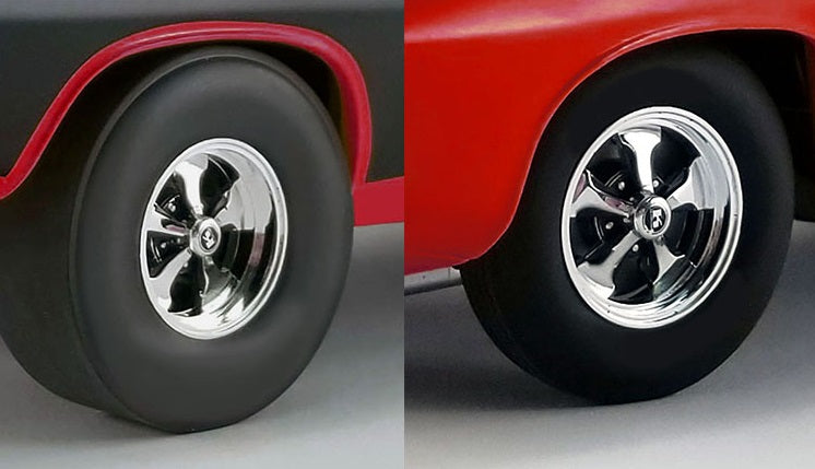 Close up of 1/18 scale model car wheels and tires.