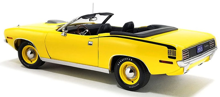 Rear and side view of yellow convertible car with yellow wheels.