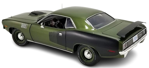 1/18 scale model of a 1971 Plymouth Hemi Cuda in Ivy Green with black billboard.