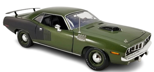 1/18 scale model of a 1971 Plymouth Hemi Cuda in Ivy Green with black billboard.