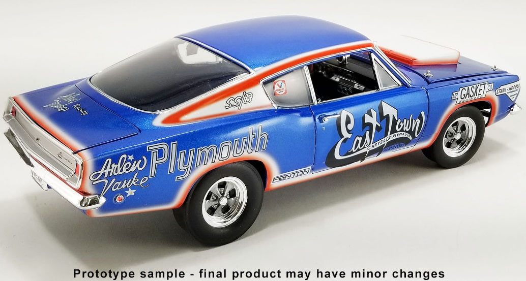 A 1/18 scale diecast model of 1968 Plymouth Barracuda  blue in color with "East Town" and "Plymouth" and other racing themed graphics.