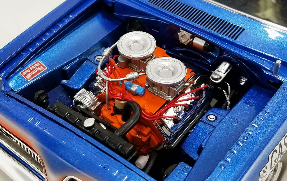 An engine view of 1/18 scale diecast model of 1968 Plymouth Barracuda