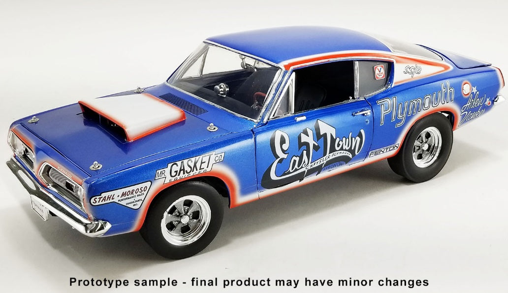 A 1/18 scale diecast model of 1968 Plymouth Barracuda  blue in color with "East Town" and "Plymouth" and other racing themed graphics.