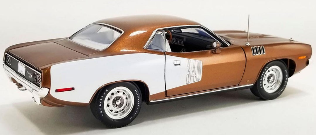 Rear and side view of bronze colored car with white billboard on rear half.