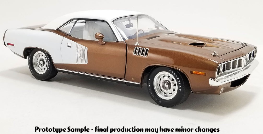 Front and side view of bronze car with white roof and white billboard on rear half of car.