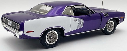 1/18 scale diecast model car of 1971 Plymouth Cuda in purple with white "383" decal and white interior.