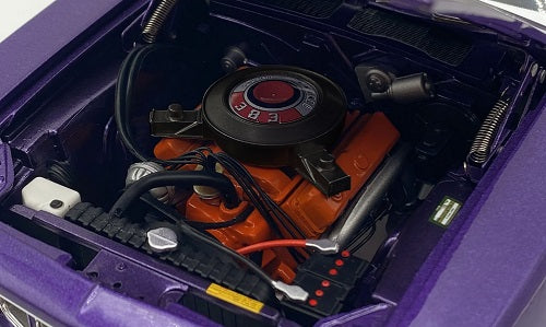 Close up of under the hood of a diecast model car.