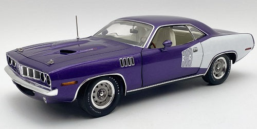 1/18 scale diecast model car of 1971 Plymouth Cuda in purple with white "383" decal and white interior.