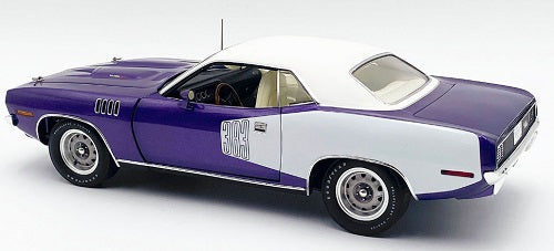 1/18 scale diecast car of purple and white 1971 Plymouth Barracuda.