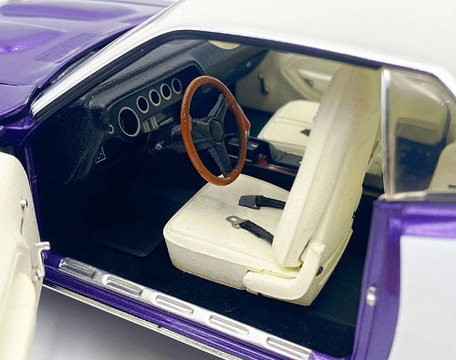 Close-up of a model car's interior with a purple exterior