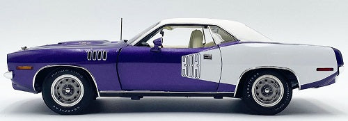 1/18 scale diecast car of purple and white 1971 Plymouth Barracuda