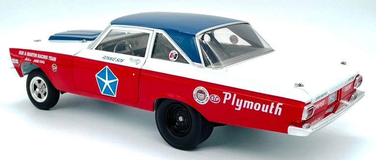 1/18 scale model of a 1965 Plymouth AWB Sox & Martin racing car with a red, white, and blue paint scheme.