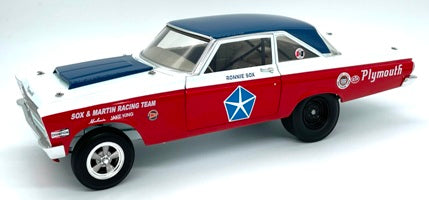 1/18 scale model of a 1965 Plymouth AWB Sox & Martin racing car with a red, white, and blue paint scheme.