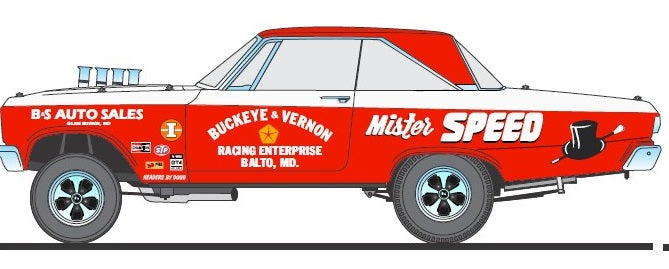 1/18 scale model of a 1965 Plymouth AWB 'Mr Speed' automobile in red and white.