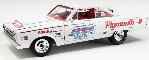 1/18 Scale model car of 1967 Plymouth Beleveder with racing graphics.