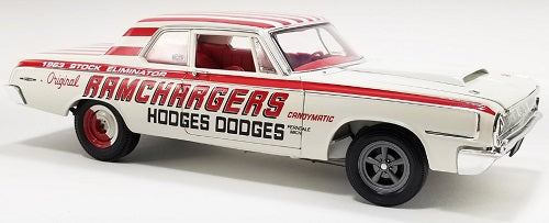 A 1/18 Scale Dodge 330 model car with "RAMCHARGERS" and "HODGES DODGES" branding on the side.