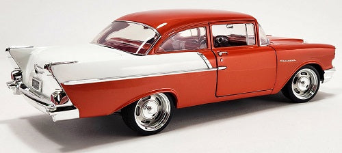Diecast model of 1957 Chevy 150 in red and white.